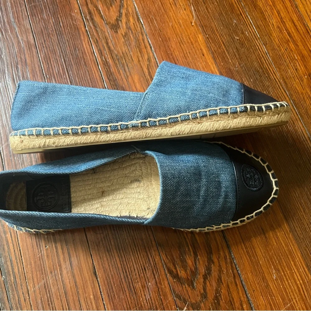 Tory Burch Blue Denim & Black Leather Espadrilles